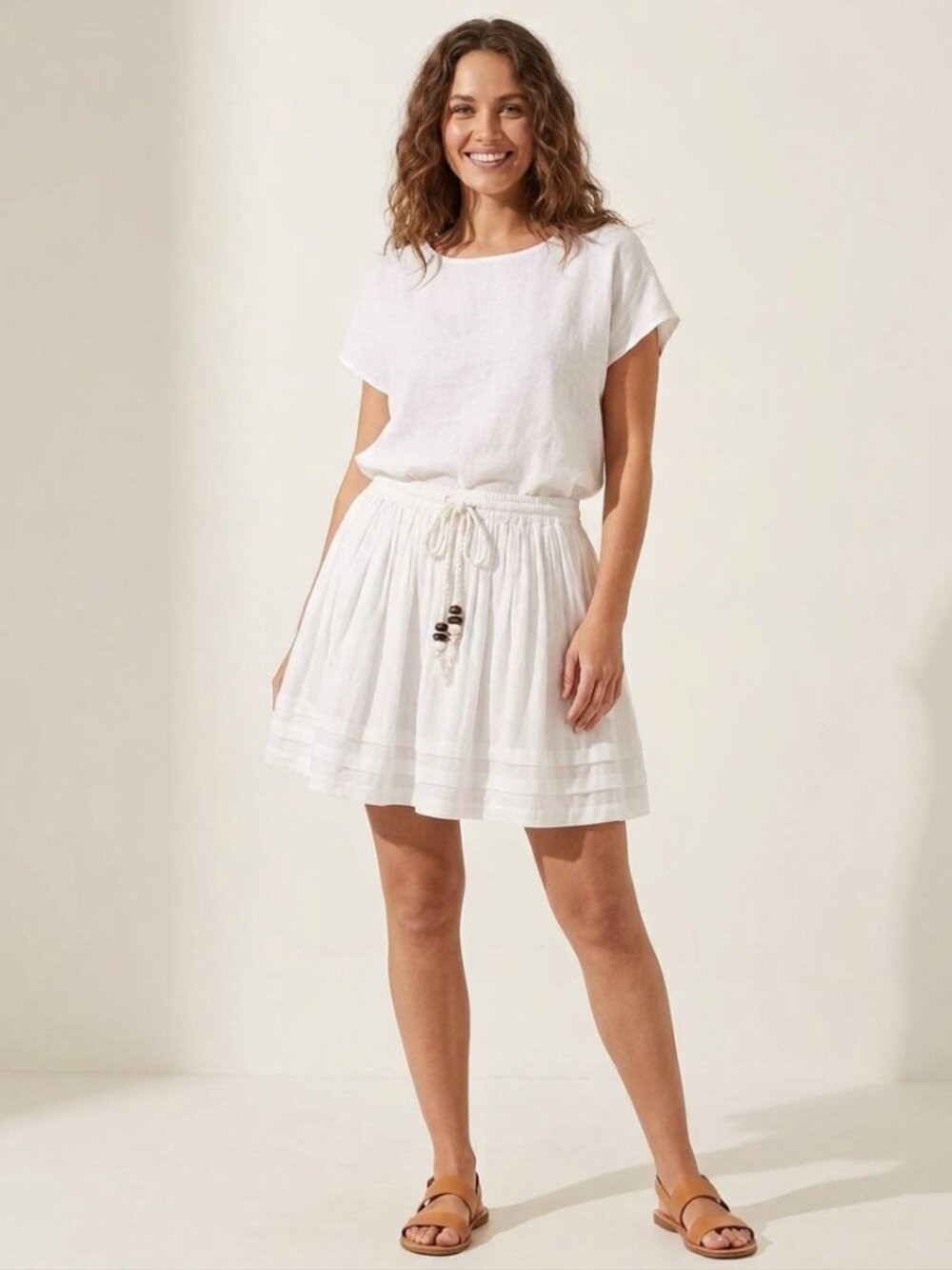 White Cotton Gauze Boho Tiered Mini Skirt Beaded Drawstring Size L Lightweight